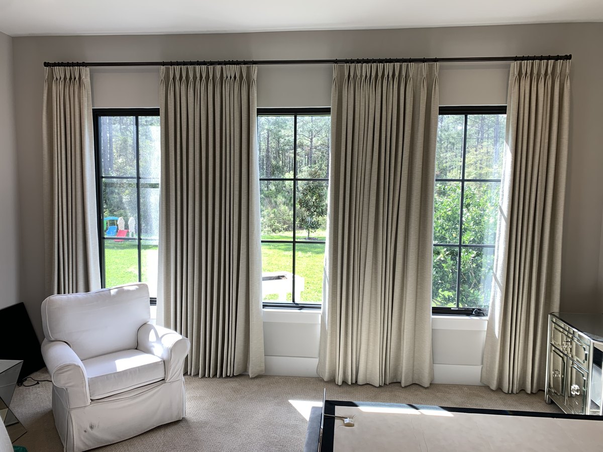 Custom draperies bay window by Elvis Upholstery and Draperies, serving Atlantic Beach FL