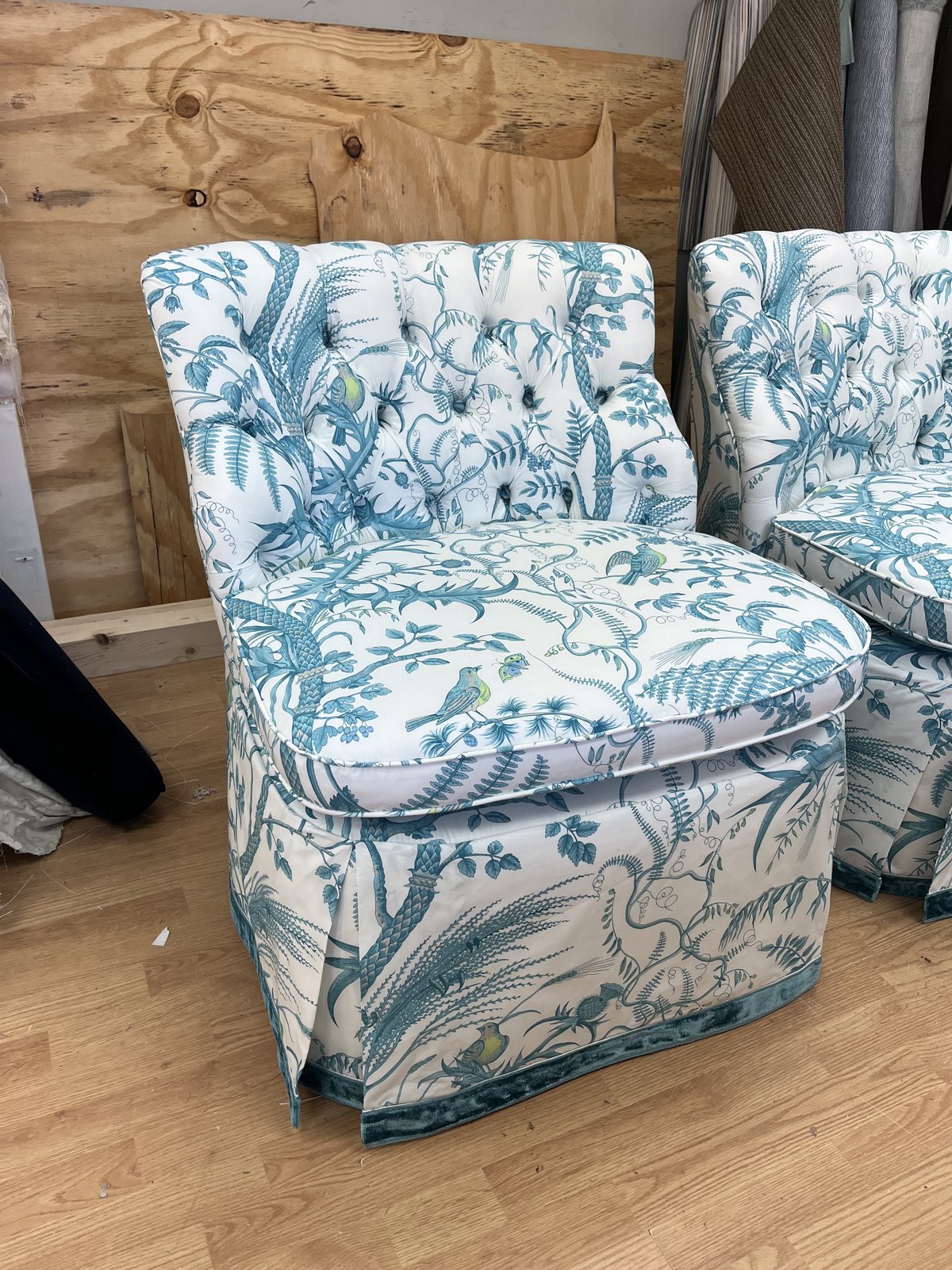 Custom skirted armchair blue floral by Elvis Upholstery and Draperies, serving Jacksonville Beach FL