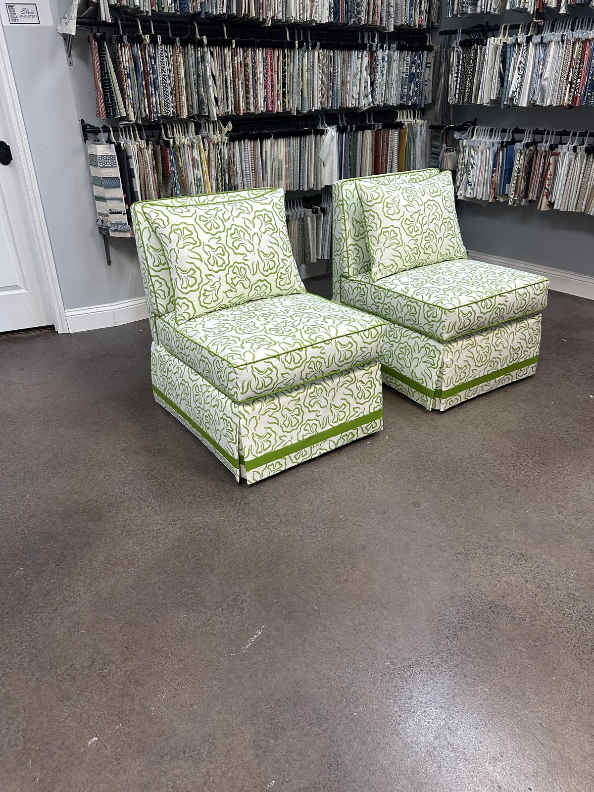 Custom slipper chairs green pattern by Elvis Upholstery and Draperies, serving Jacksonville Beach FL