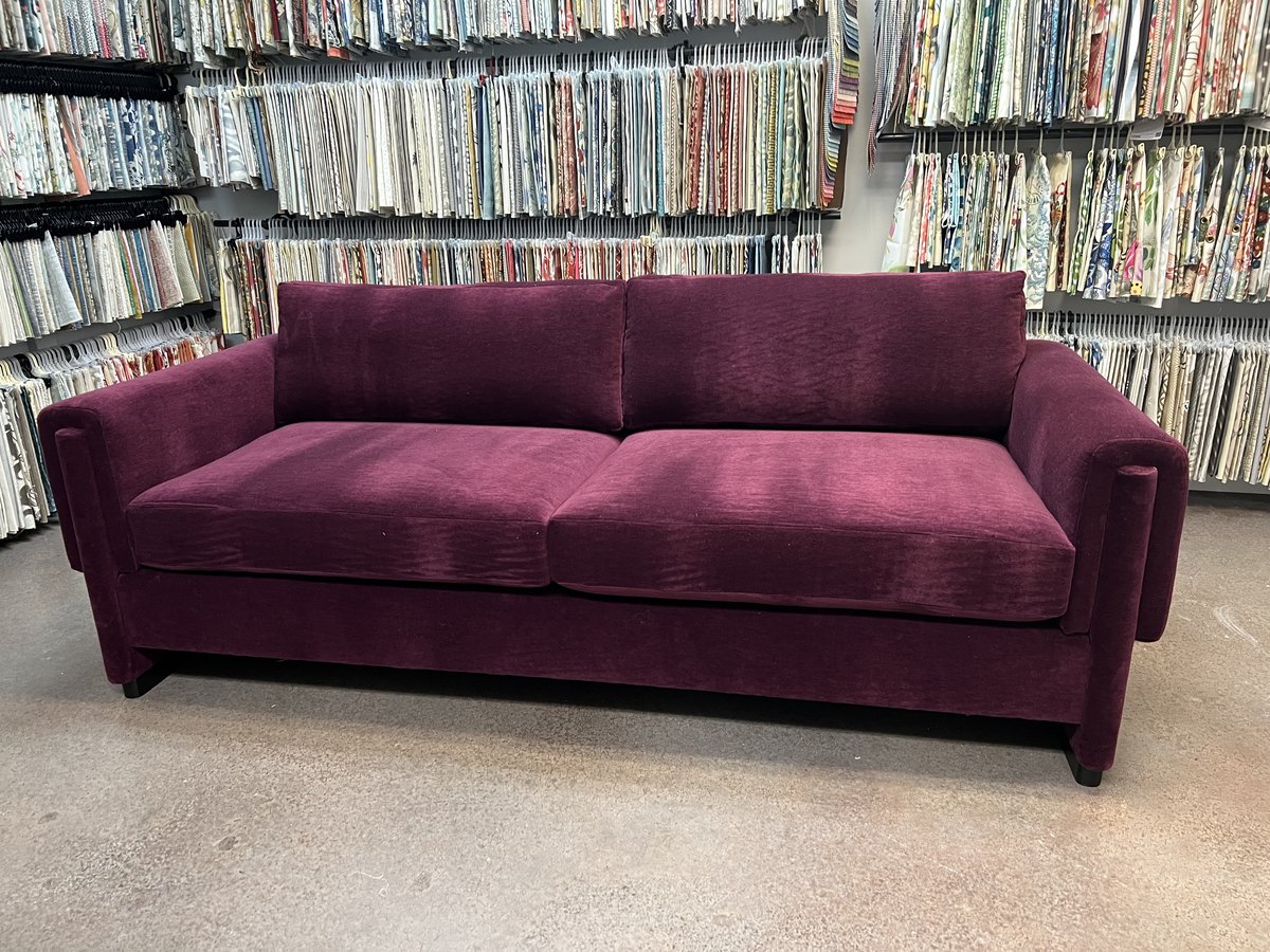 Custom sofa magenta velvet by Elvis Upholstery and Draperies, serving Neptune Beach FL