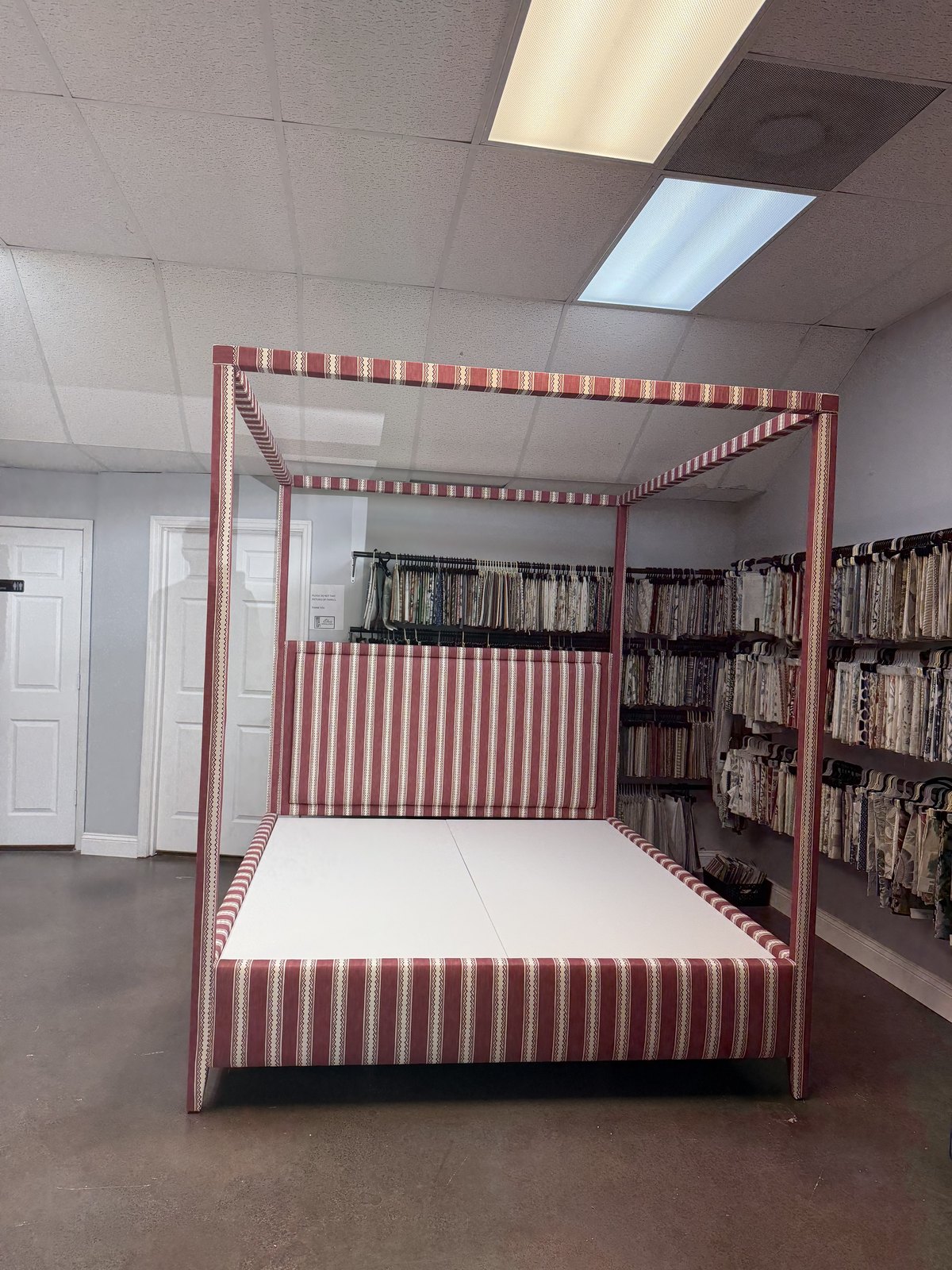 Custom upholstered striped canopy bed, Jacksonville FL