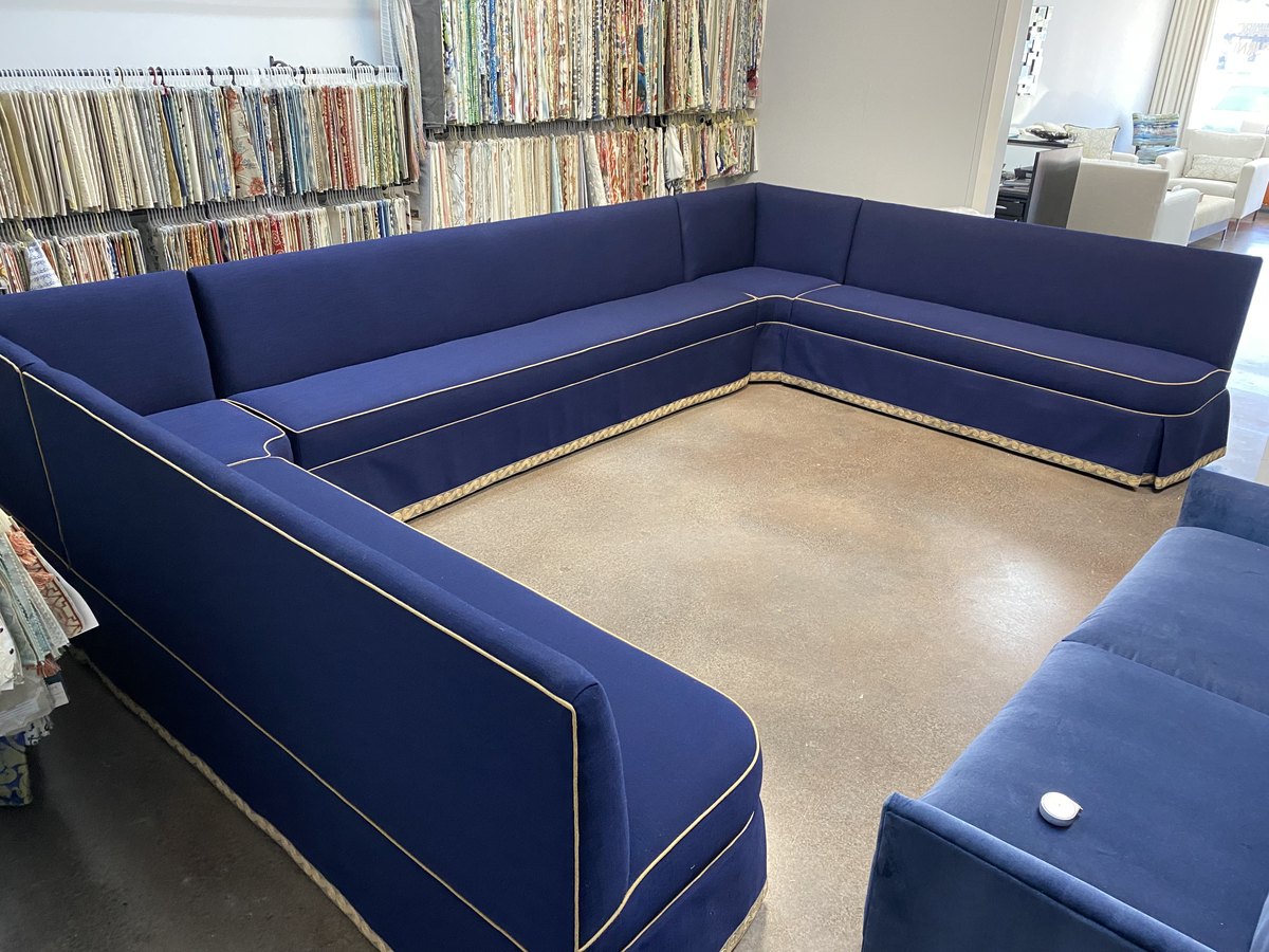 Custom u shaped banquette blue by Elvis Upholstery and Draperies, serving Ponte Vedra FL