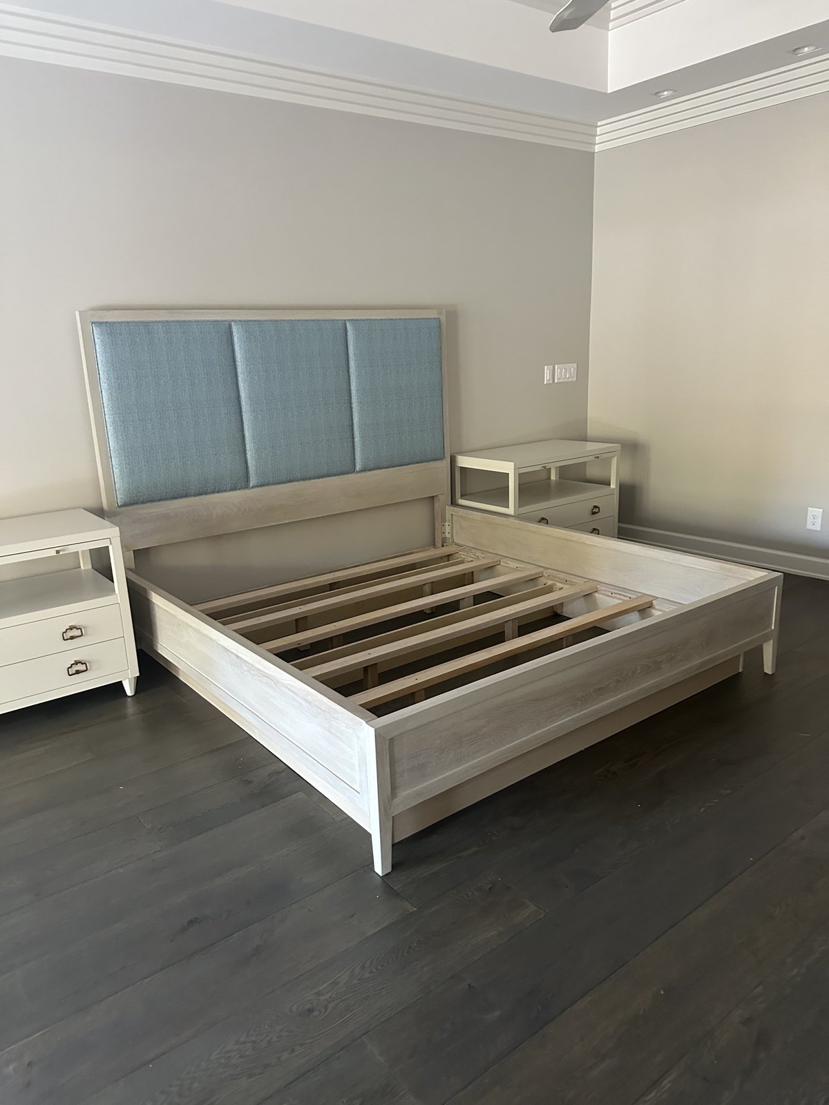 Custom upholstered bed frame in pale blue, Jacksonville FL