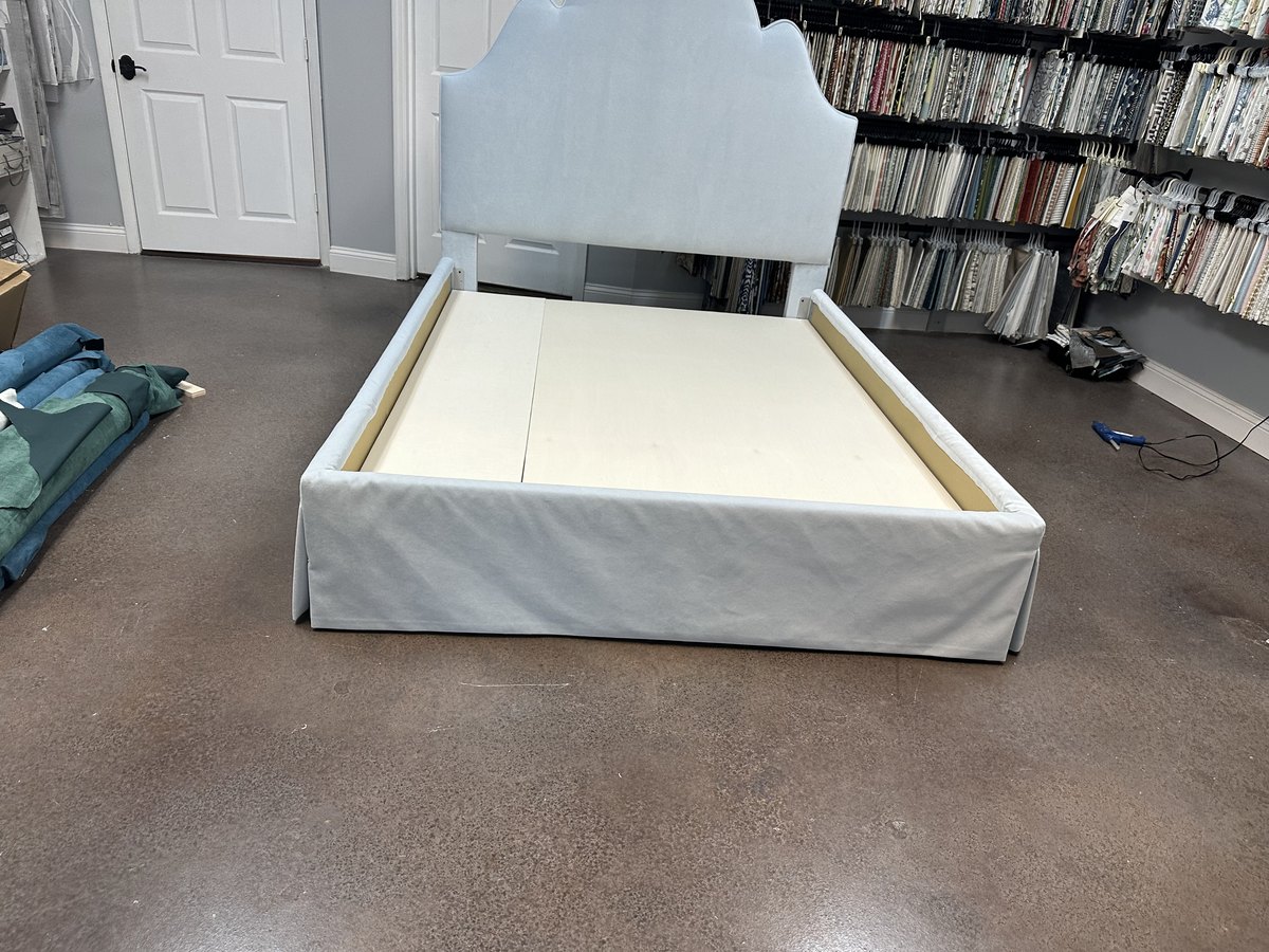 Custom upholstered bed frame white by Elvis Upholstery and Draperies, serving Ponte Vedra FL