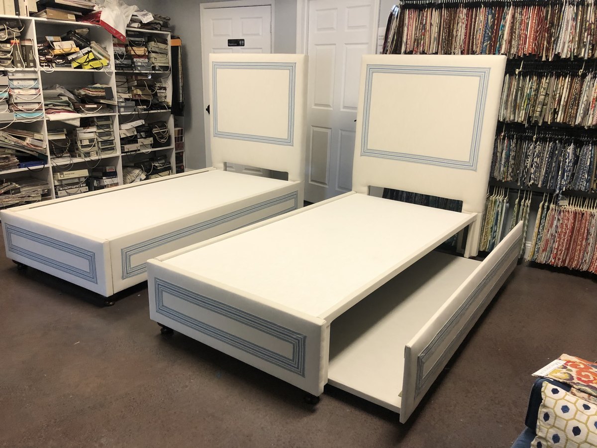 Custom upholstered bed frames cream by Elvis Upholstery and Draperies, serving Ponte Vedra FL