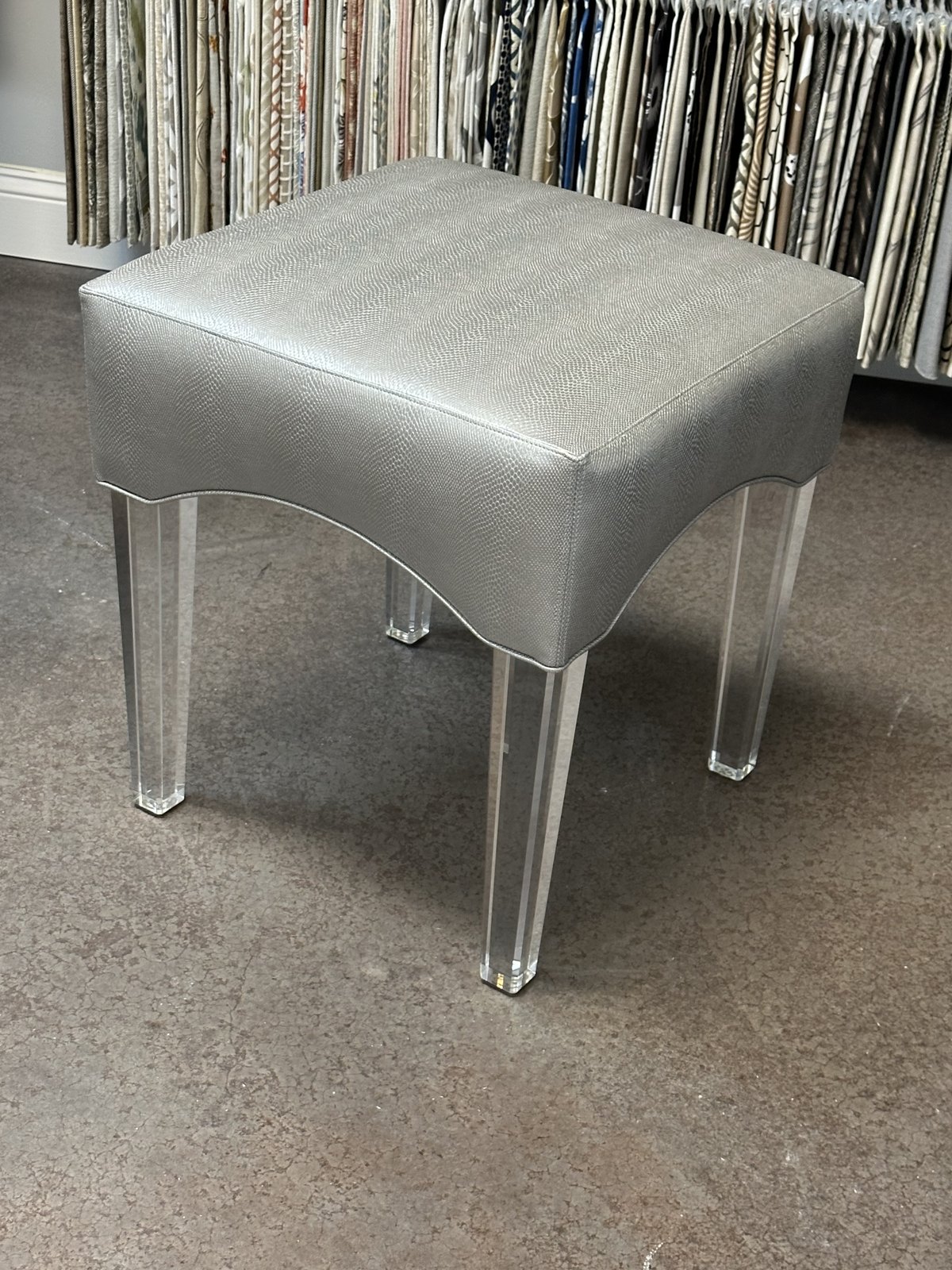 Custom upholstered bench with lucite legs, Jacksonville FL