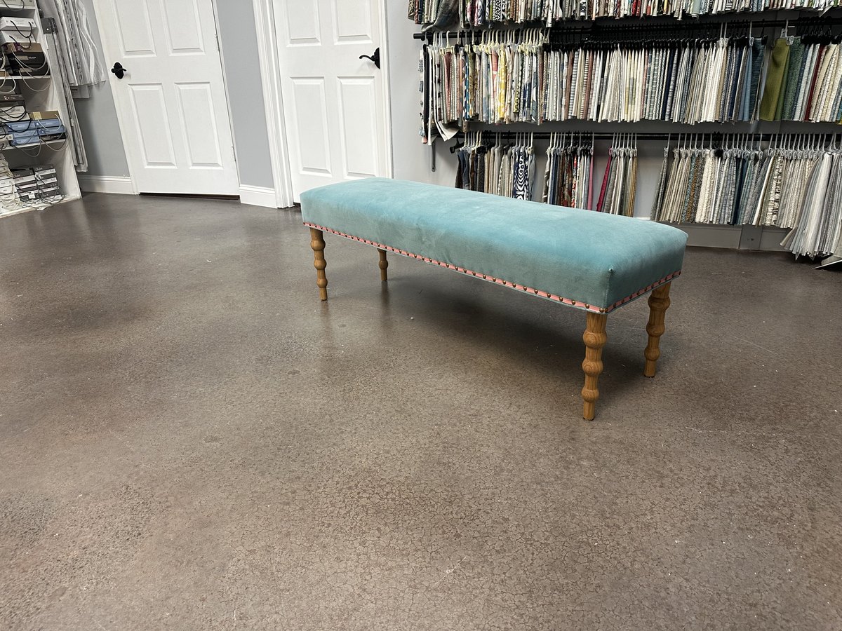 Custom teal upholstered bench with turned legs, Jacksonville FL