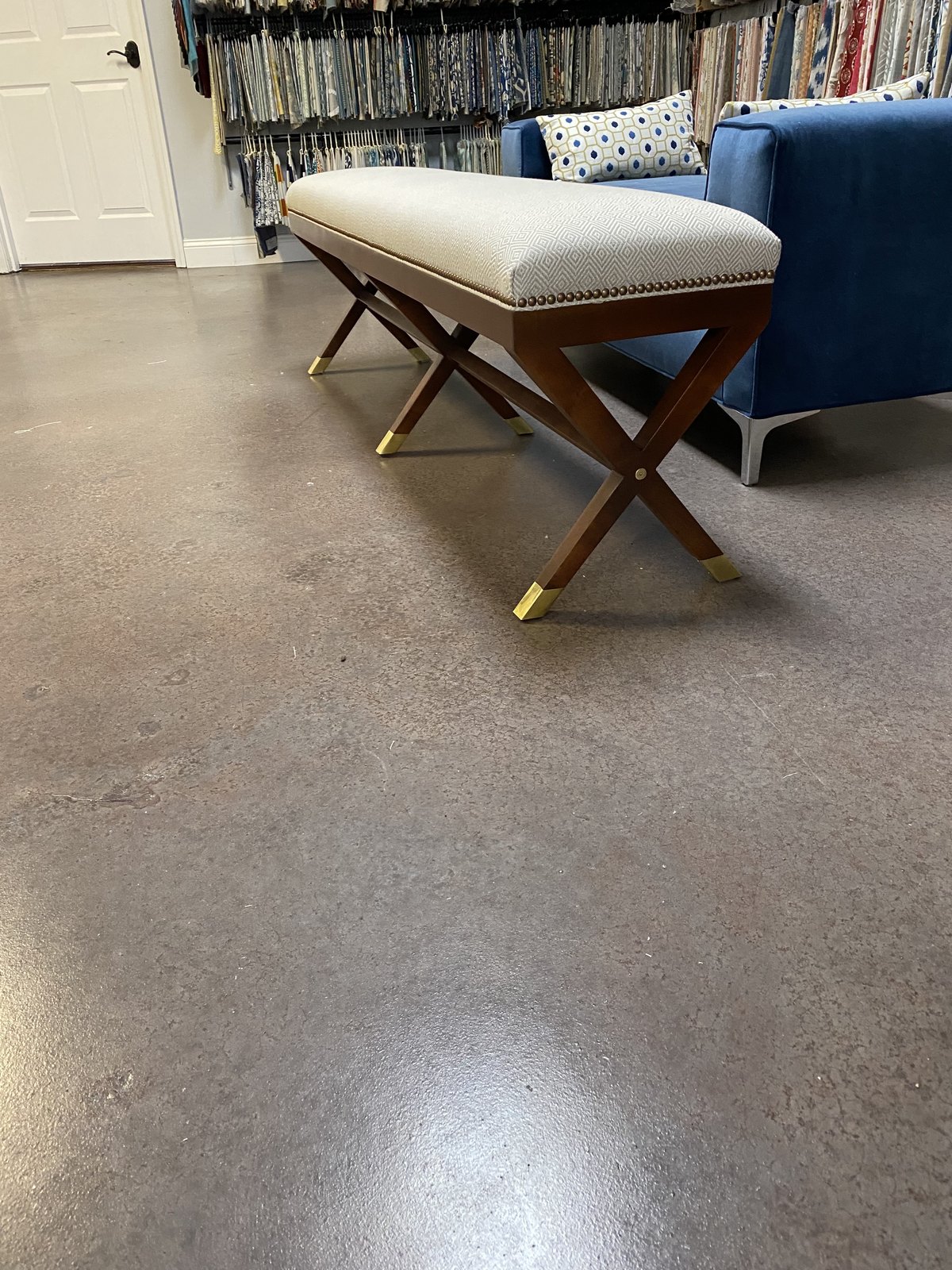 Custom x bench upholstered cream by Elvis Upholstery and Draperies, serving Amelia Island FL